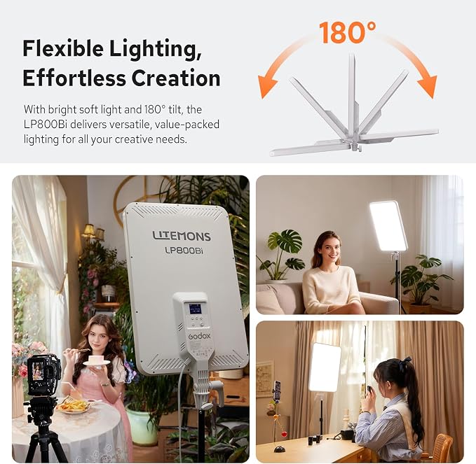 Godox LP800Bi 85W Bi-Color LED Video Light w/Stand, 2800K-6500K, 0-100% Dimmable LED Panel Light, 180°Adjustable Angle, APP Control, CRI96+ TLCI98+, Studio Soft Light for Video Photography - Image 5