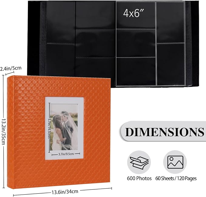 RECUTMS Photo Albums 4x6 Pictures, 600 Pockets Large Capacity Picture Album | Acid-Free Black Pages, Leather Cover, Dual Horizontal/Vertical Pockets, Custom Photo Cover, Perfect for Wedding, Family&Trave - Image 3