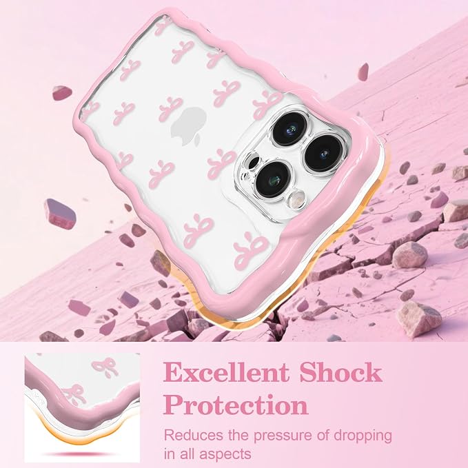 QLTYPRI for iPhone 14 Pro Max Pink Bow Case, Clear Cute Pink Ribbon Bow Phone Case Curly Wavy Aesthetic Phone Cover, Soft Slim Transparent TPU Shockproof Protective Cover for Women Girls - Tiny Bow - Image 4