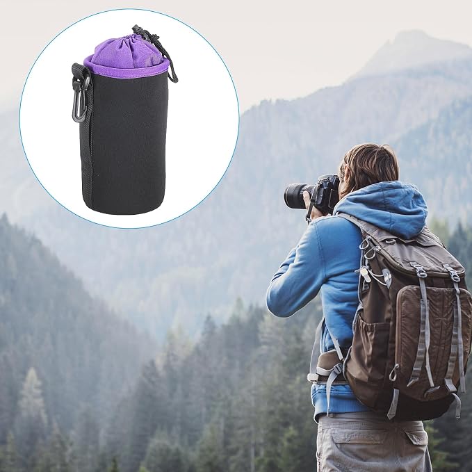 PATIKIL Camera Lens Bag, 2 Pcs 3.7" ID x 7.1" H Cylindrical Drawstring Lens Pouch with Thick Protective Neoprene, Lens Case for DSLR Camera Lens, Water Coffee Cups Black, Purple - Image 7