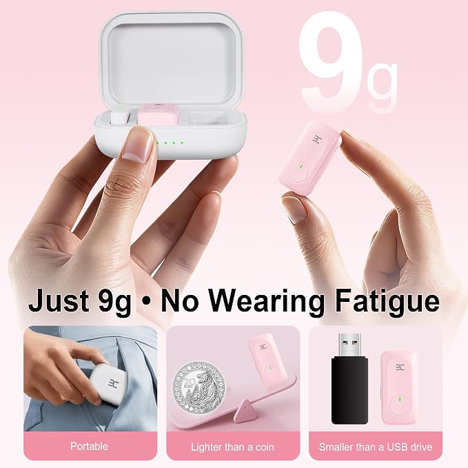 EX Wireless Lavalier Microphone System, Dual Clip-On Mics + Charging Case, 164ft Range Plug-and-Play for iPhone/Android, Advanced Noise Reduction, 48H Runtime-Video Recording, TikTok, YouTube, Pink - Image 4