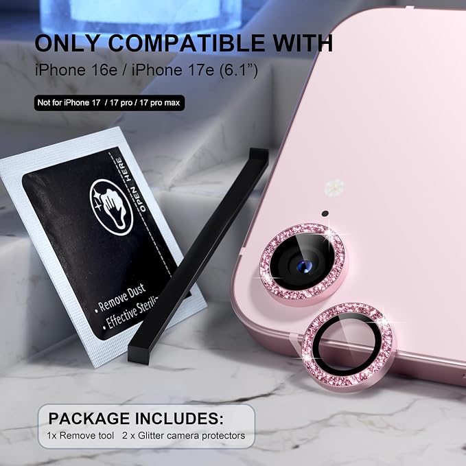 Choiche for iPhone 17e / 16e Camera Lens Protector Bling, Glitter-Soft Pink | Ultra HD, 9H Tempered Glass Camera Cover Screen Protector Metal Individual Ring Decoration Accessories, 1-Lens, 6.1-inch - Image 2