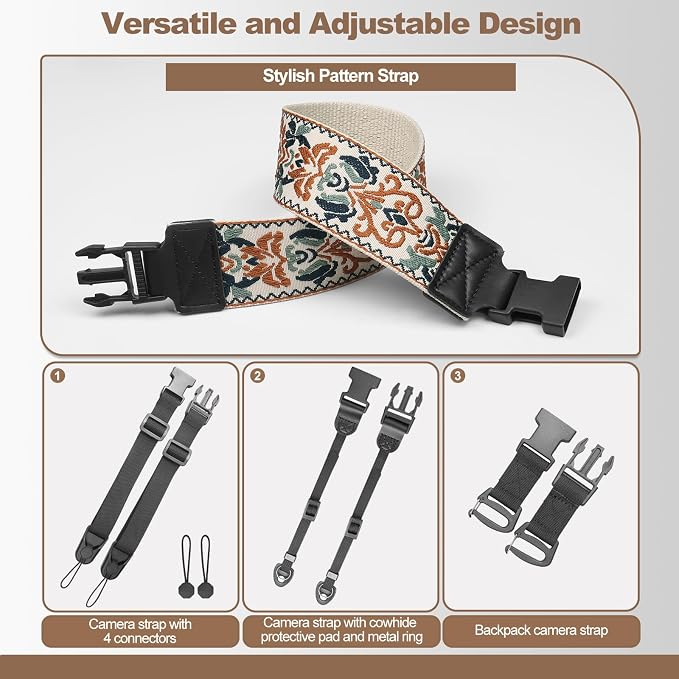 Adjustable Camera Neck Strap, Vintage Embroidered Shoulder & Crossbody Camera Strap with 4 Connection Ways, Anti-Slip Camera Strap for DSLR, Mirrorless & Camcorder, Travel & Outdoor Photography Gear - Image 4