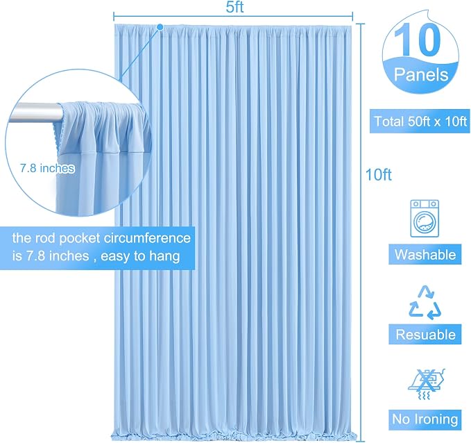 10 Panels Baby Blue Backdrop Curtain for Baby Shower Parties Wrinkle Free Light Blue Curtains Backdrop Drapes Fabric Decoration for Birthday Party Photography 50ft x 10ft - Image 5