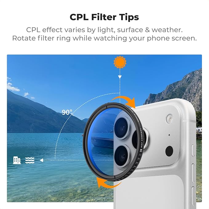 K&F CONCEPT 52mm Clip-on CPL Phone Camera Lens Filter Kit | Circular Polarizer Polarizing Filter Compatible with iPhone 17 16 15 14 13 12 11 - Image 8