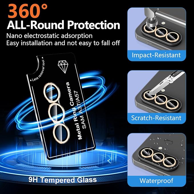 for Samsung Galaxy A37/A57 Camera Lens Protector, Individual Metal Ring Tempered Glass Lens Cover, [Strong Adsorption] Scratch Resistant Ultra-Thin HD Clear Lens Cover, 1 Set-Gold - Image 2