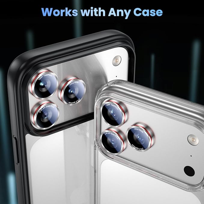 Uyiton for iPhone 17/16/15/14 (Pro Max & Pro) Camera Lens Protector | Unique Lines Text Design, Case-Friendly, Military-Grade Sapphire Glass Metal Camera Cover, Easy to Install, Silver+Red - Image 5