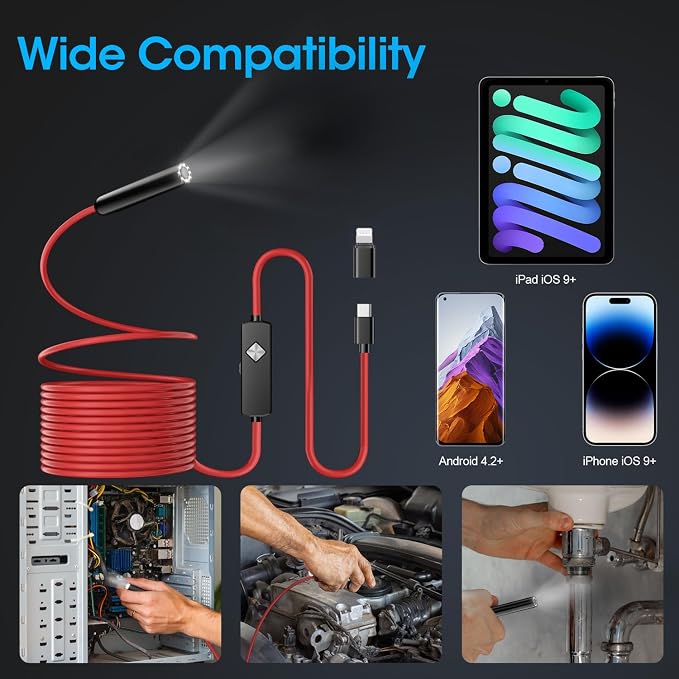 Endoscope with Light, 1920P HD Borescope with 8 Adjustable LED Lights, Semi-Rigid Snake Camera, IP67 Waterproof Inspection Tool (16.4ft, Red Harness + Single Lens) - Image 6