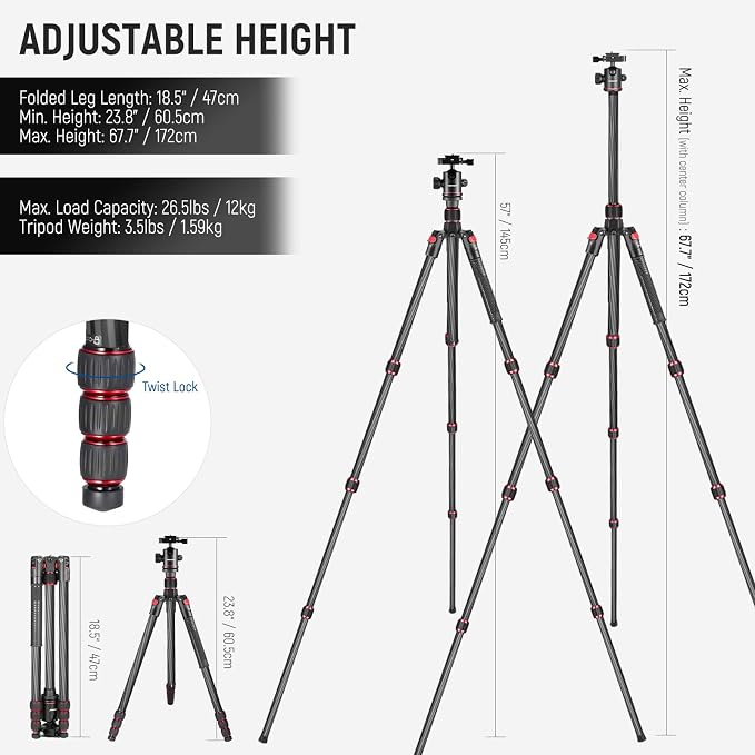 NEEWER 66"/168cm Carbon Fiber Camera Tripod with 360° Ball Head, N55C | Panorama, 1/4" Arca QR Plate, Portable Bag, Compact Travel Tripod Monopod for DSLR Video Camcorder, Max Load 26.5lb/12kg - Image 3