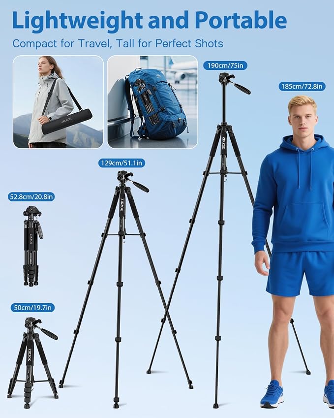 75" Camera Tripod, Aluminum Heavy Duty Camera Stand for ipad Phone, Travel Tripod with/Carry Bag/Phone Tablet Holder, Compatible with Canon Nikon Sony DSLR, Spotting Scopes, Max Load 15 Lb(Black) - Image 4
