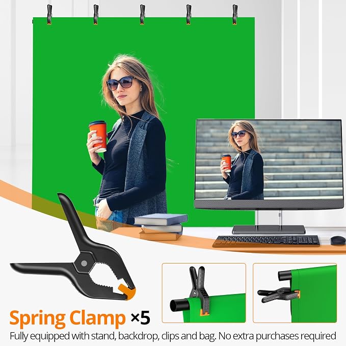 Green Screen Backdrop Kit 5x7 ft with Foldable T-Shaped Stand | Portable Greenscreen Background with 5 Clamps, Carrying Bag for Parties, Streaming, Photography, Zoom, Gaming, Video Studio - Image 6