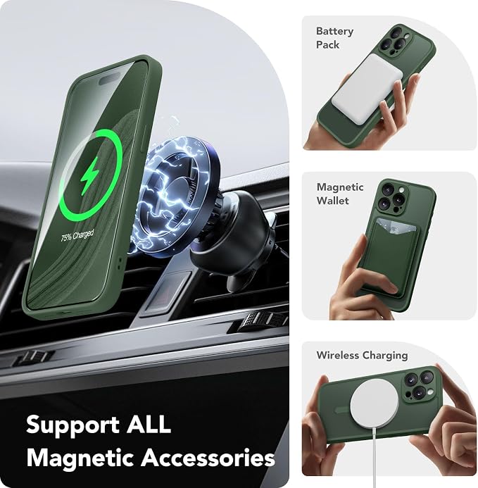 CAPRARO for iPhone 14 Pro Case, Compatible with MagSafe | Upgraded [Full Camera Protection] Shockproof Protective Slim Translucent Matte Magnetic Phone Case 6.1'', Deep Green - Image 3