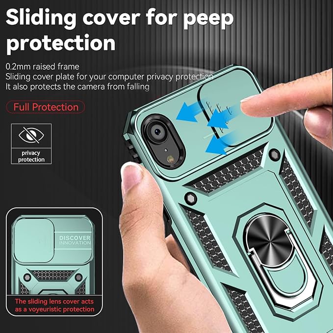HNHYGETE for iPhone XR Phone Case with HD Screen Protector: [Military Grade 20ft. Drop Tested] Slide Camera Cover Ring Shockproof Protective Phone Case for - iPhone XR (Dark Green) - Image 3