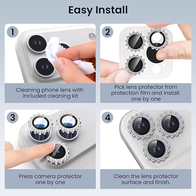 Compatible for iPhone 17 Pro/17 Pro Max Camera Lens Protector, Explosion-Proof 9H Tempered Glass with Diamond Gear Metal Ring, HD Anti-Scratch Lens Protection Decoration Accessories (Silver) - Image 6