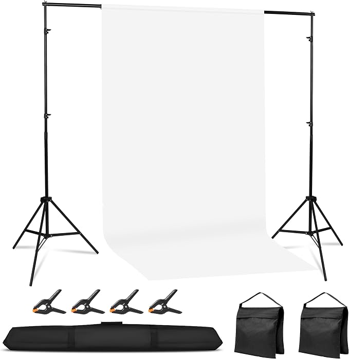 Adjustable Photography Backdrop Stand Kit 10x7ft(W*H)– Photo Studio Background Support with 4 Crossbars, 4 Clamps, 2 Sandbags (with 10 * 7 Feet White Backdrop Curtain) by Hikpik