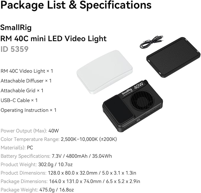 SmallRig RM 40C Portable RGB LED Video Light, Mini Camera Fill Light | 2500K-10000K CRI 96 TLCI 99, 4800mAh, LCD Display, for TikTok YouTube Content Creators Photographer Gifts - 5359 - Image 9