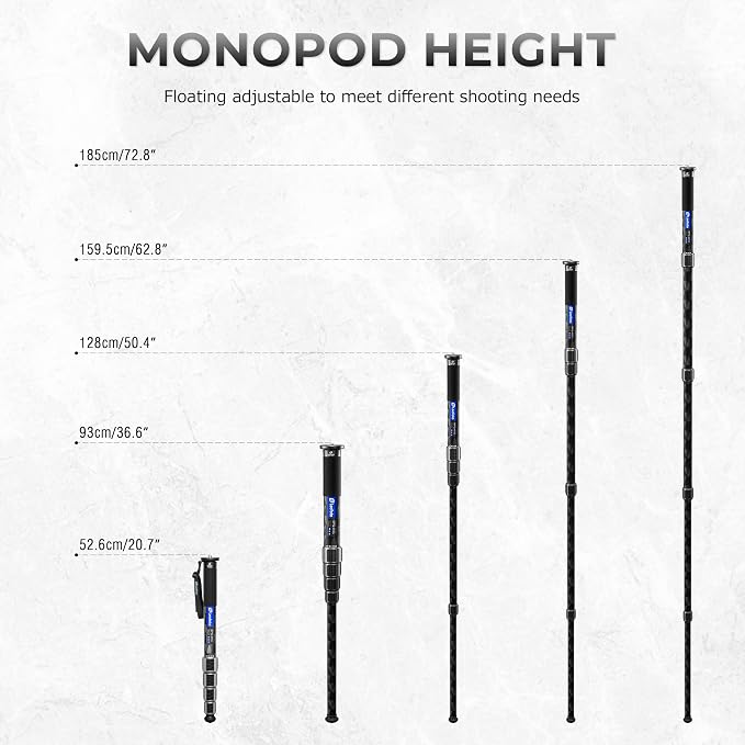 LEOFOTO Camera Monopod Carbon Fiber Portable Compact Lightweight Travel Monopod with Wrist Strap, Silicone Handle, Twist Locks, 5-Section up to 185cm, Max Load 25kg(MPQ-405C) - Image 5
