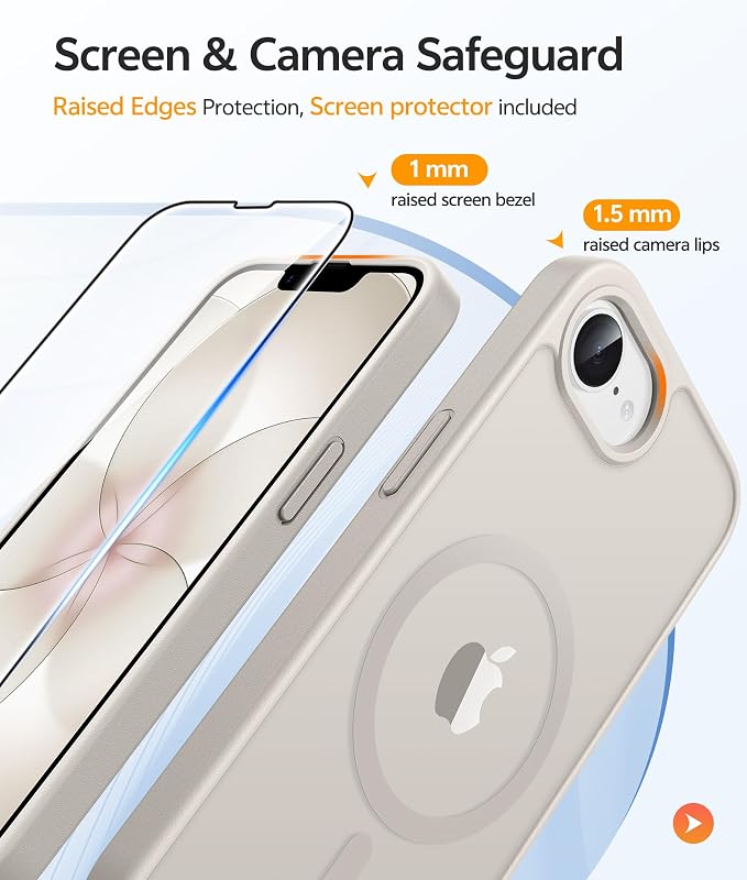 FNTCASE for iPhone 17e/ iPhone 16e Case, Fit for Magsafe, Screen Protector | Translucent Matte Magnetic Back, 14FT Military Grade Drop Protection, Shockproof Protective Phone Cover, Off White - Image 4