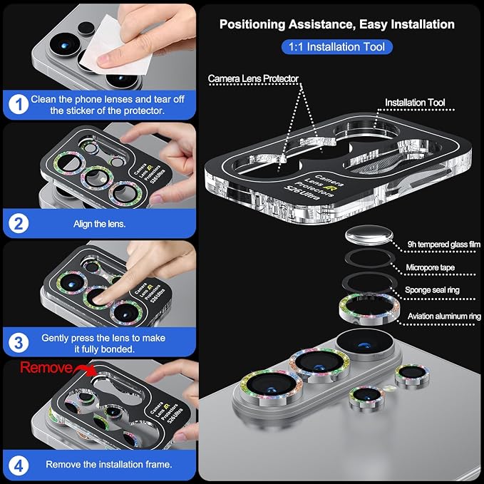 WSKEN for Samsung Galaxy S26 Ultra Camera Lens Protector - Ultra Thin | Case Friendly, 9H Shatterproof Tempered Glass, Anti Scratch Metal Circle, Camera Screen Protector Cover Accessories, Glitter - Image 6
