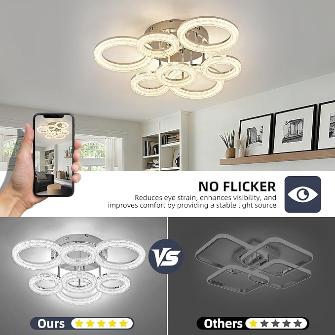 Modern Ceiling Light, 7 Rings 23'' Dimmable LED 106W Flush Mount Ceiling Lights with Remote Acrylic Crystal Round Ceiling Light Fixture, Bedroom Living Room Dining Room, Chrome - Image 6