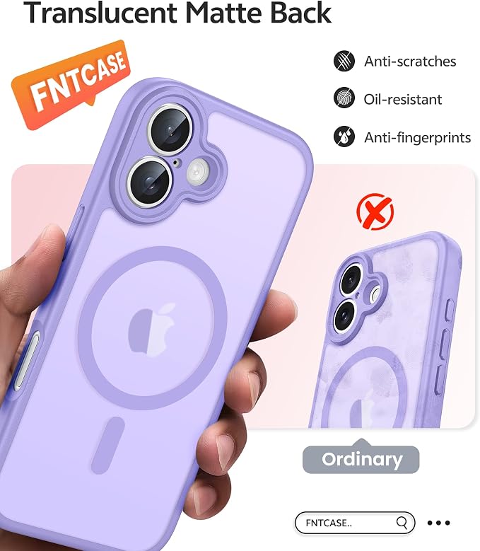 FNTCASE for iPhone 16 Case, Fit for Magsafe, Screen Protector, Light Purple | Full Camera Protection, Translucent Matte, 14FT Military Grade Drop Proof, Shockproof Protective Phone Cover - Image 6