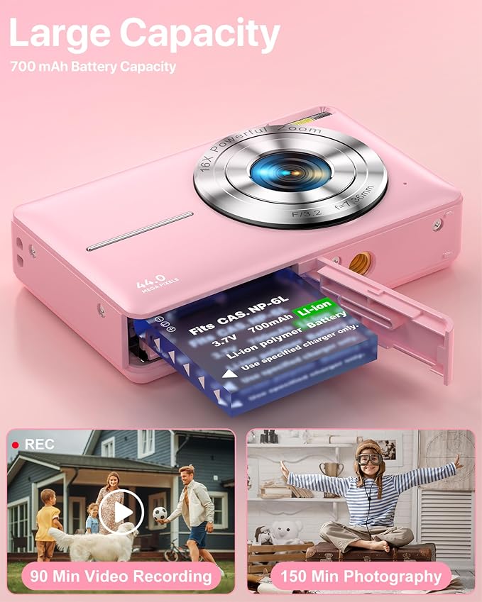 Digital Camera, Latest FHD 1080P Digital Camera for Teens with SD Card Anti Shake Point and Shoot Cameras Portable 16X Zoom Compact Small Cameras for Kids Boys Girls Seniors with Wrist Strap - Image 3