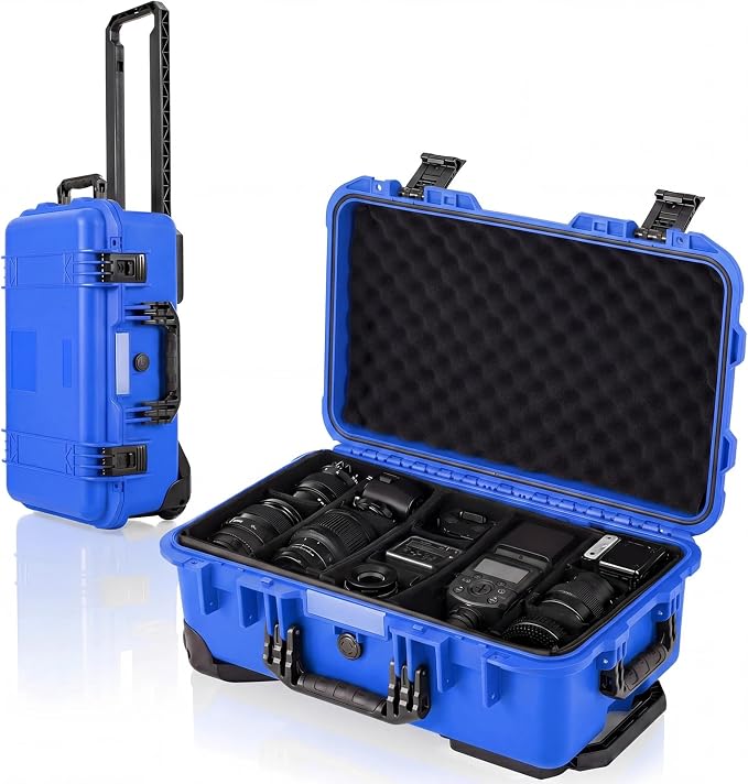 Relaxweex Rolling Camera Hard Case with Padded Dividers & Wheels, Impact-resistant Hard Shell Travel Case for Cameras, Lenses & Accessories(22 x 14 x 9 Inch,Blue) by Relaxweex