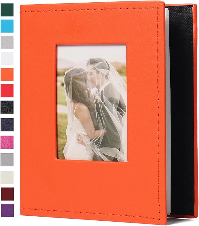 RECUTMS Small Photo Album 4x6 52 Pockets Leather Album for Family Orange | White Pages, Hold 52 Vertical Photos, Mini Albums for Baby Vacation, Travel Wedding Pictures Book with Front Window, Portable by RECUTMS