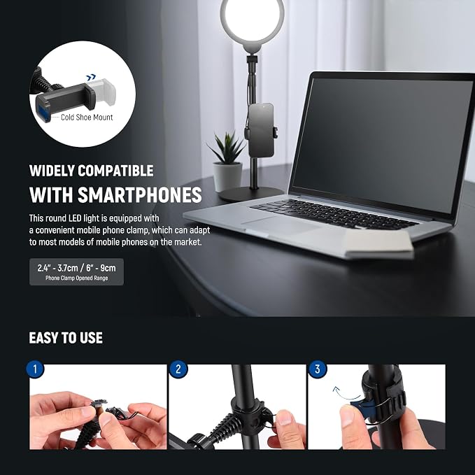 NEEWER Basics 2 Pack 7" Desktop Ring Lights for Video Recording, 10W Dimmable Full Screen Key Lighting with Desk Stands & Phone Holders for iPhone Computer Laptop Vlog Streaming Video Conference, R06 - Image 7
