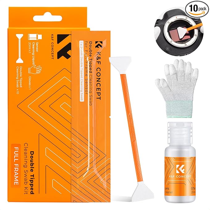 K&F CONCEPT Double-Tipped Full Frame Sensor Cleaning Kit with Cleaner | 24mm Sensor SwabsX10, New Dual-Head Design, Vacuum Sealed,20ML Gentle Cleaner,Precision Cleaning,for Nikon Sony Canon Clean by KFCONCEPT