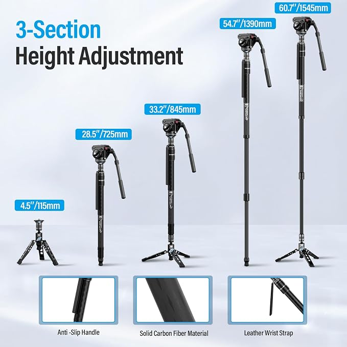 SIRUI SVM-145 Carbon Fiber Camera Monopod with Feet, 60.7" Professional Lightweight Travel Monopod with Fluid Video Head for DSLR Camera, One-Step Height Adjustment, Modular, Max Load 22lbs - Image 7