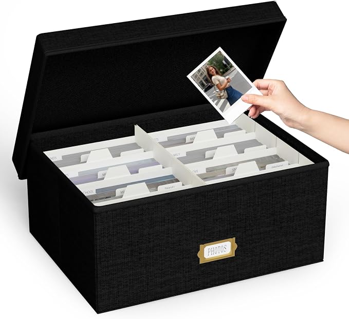 Decorative Photo Storage Box, Linen Photo Box Holds 1700 5x7 Pictures Black | Photo Storage Containers with 8 Dividers, Memory Keepsake Organizer for Photos, Scrapbook Supplies, Cards, Stamps,Archive Box by JOLENSOY
