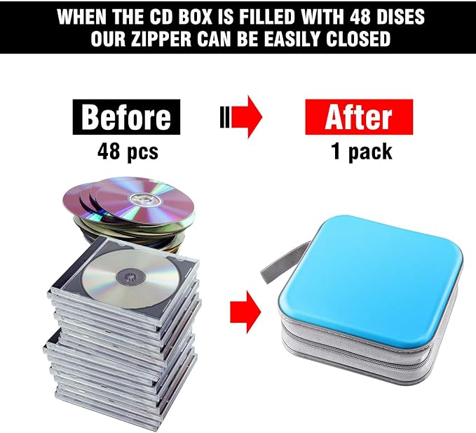 CD/DVD Case Wallet, 48 Capacity, Sky Blue, Plastic, Portable Storage Organizer | Zipper‑DVD Organizer, Scratch‑Resistant Sleeves Shield Discs From Dust & Damp; Stores Music, Video, Gaming & Blu‑ray Discs - Image 4