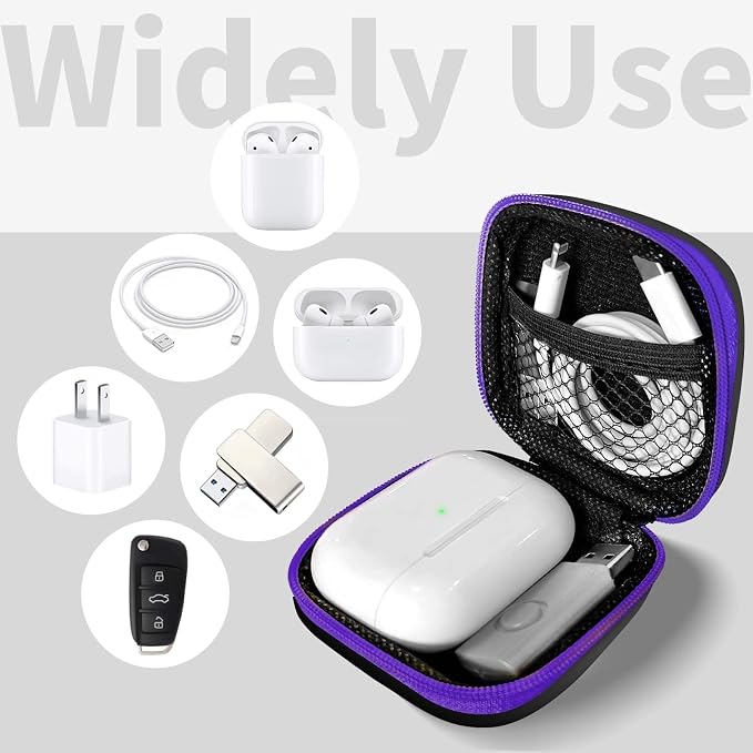 1 Pack Square Earbud Case Storage Bag with Carabiner, Purple | Portable EVA Carrying Case, For Wired/Wireless Headphones, SD Card Storage, Camera Chip - Image 2