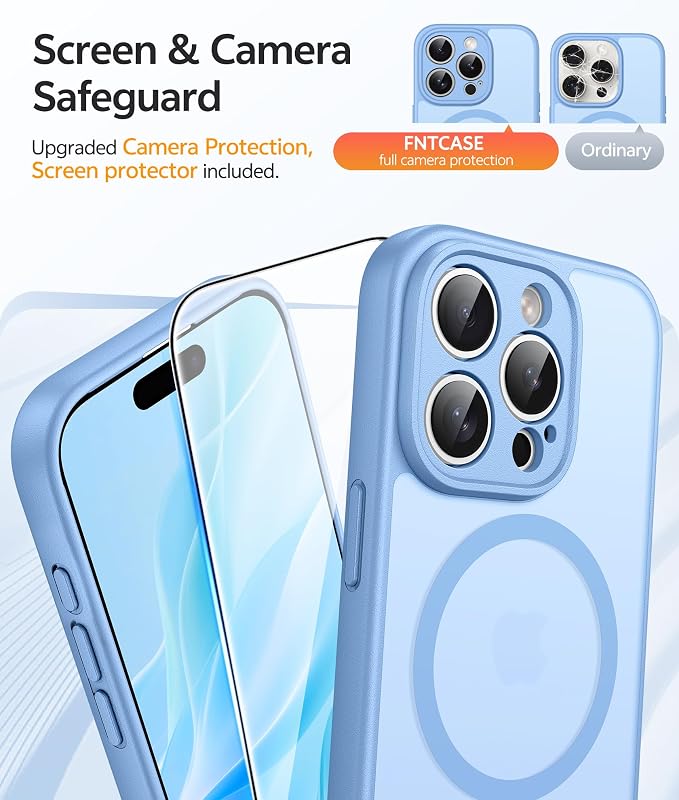 FNTCASE for iPhone 15 Pro Case, Fit for Magsafe, Screen Protector | Full Camera Protection, Translucent Matte, 14FT Military Grade Drop Proof, Shockproof Protective Phone Cover, Light Blue - Image 4