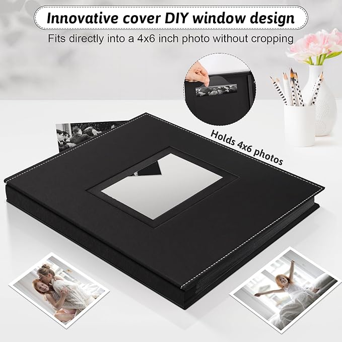 Popotop 4x6 Photo Album Holds 800 Pictures, Vegan Leather Hardcover | 800-Photos Capacity, Clear Slip-In Pockets, Extra-Large Collection Format, Front Photo Window, Gifts for Family Wedding Baby - Image 2