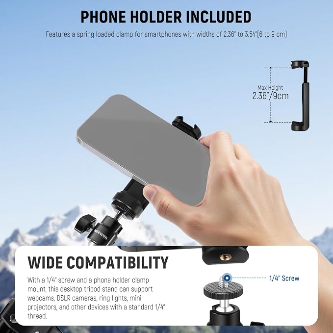 NEEWER Webcam Stand Tripod for Desk, Mini Desktop Tripod with Cell Holder Compatible with Logitech Anker Emeet Webcam Ring Light for Video Recording Live Streaming Zoom Call, Max Load 2.2lb/1kg, ST45B - Image 6
