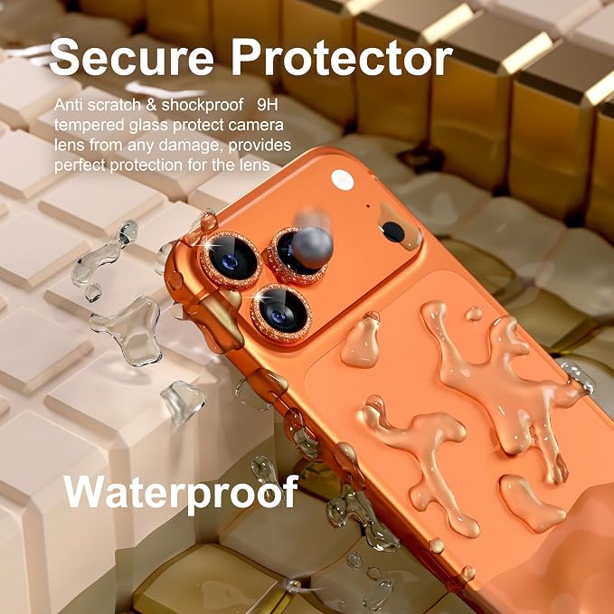 Misea Camera Lens Protector for iPhone 17 Pro Max/17 Pro, Orange Glitter | Bling Upgraded Look, 9H Tempered Glass Individual Metal Camera Cover, Anti-Scratch, for iPhone 17/16/15/14 Pro Max/Pro - Image 3
