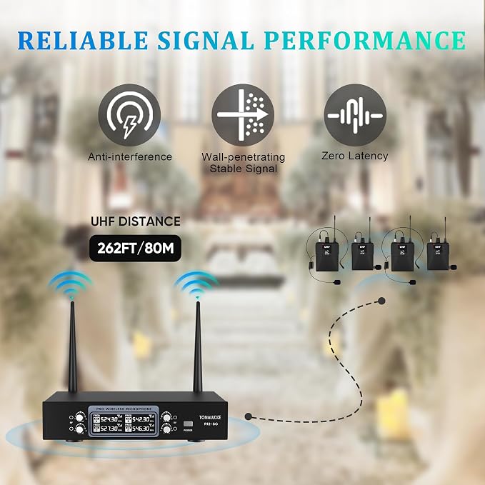 4 Channel Wireless Lapel Microphone System with 4 Headset Mics, 4 Lavalier Mics, UHF Metal Receiver, 4 Bodypacks, Independent Volume Control, 262ft Range for Home, Classroom, Church, Events - Image 4