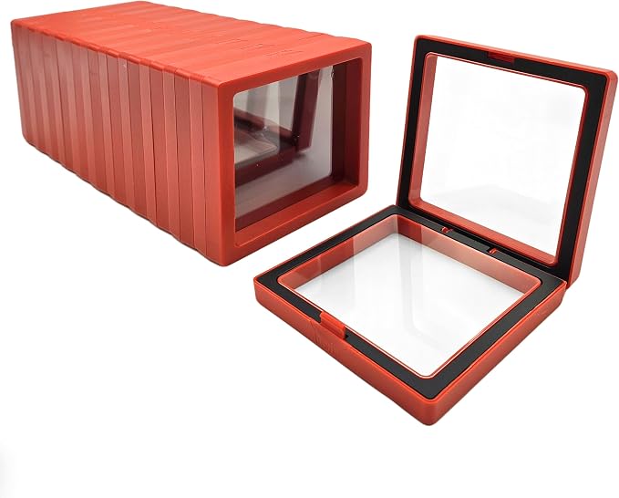 12 PCS Dual-Color Packaging Box 3D Floating Frame Display Stand, Color-Matching Packaging Display Box, Transparent Window Jewelry Case, PE Film Anti-Oxidation Storage Case. (Red+Black) by Unknown