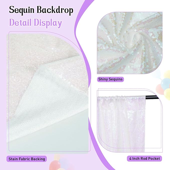 SquarePie 8x10ft Iridescent Sequin Backdrop, High Density Non-Transparent Glitter Curtain for Photography, Birthday, Wedding Party Decorations, Thick Solid Background with 4" Rod Pocket, 1 Panel - Image 3