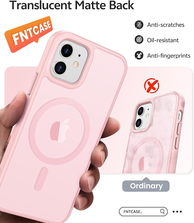 FNTCASE for iPhone 13/12 Mini Case, Fit for Magsafe, Translucent Matte Back | Magnetic Phone Cases, 14FT Military Grade Drop Protection, Slim Shockproof Protective Cover, Light Pink - Image 6