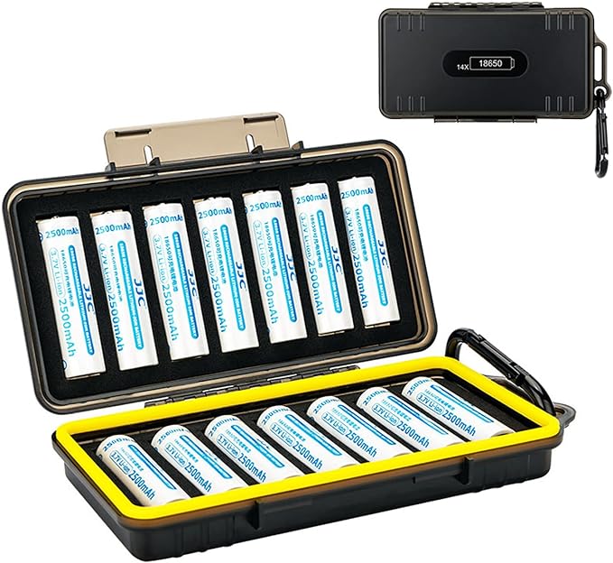 JJC 14 Slots 18650 Battery Case with Carabiner, Water-Resistant and Shockproof Battery Storage for 14 x 18650, 18650 Organizer Box | Battery Storage Holder for 14 x 1865, 1865 Organizer Box Container, Interior Sponge Cushion by JJC