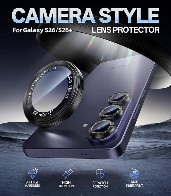 HelloDeere for Samsung Galaxy S26/S26 Plus Camera Lens Protector, Military-Grade 9H+ Tempered Glass AR Optical Tech HD Anti-Glare Anti-Scratch Metal Individual Ring Easy Install Case Friendly, Black - Image 2