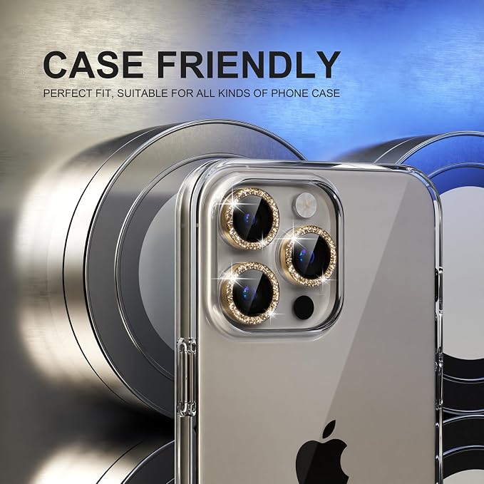 Choiche for iPhone 15 Pro/iPhone 15 Pro Max Camera Lens Protector | Ultra HD, Bling 9H Tempered Glass Camera Cover Screen Protector Metal Ring Decoration Accessories (Glitter-Gold) - Image 4