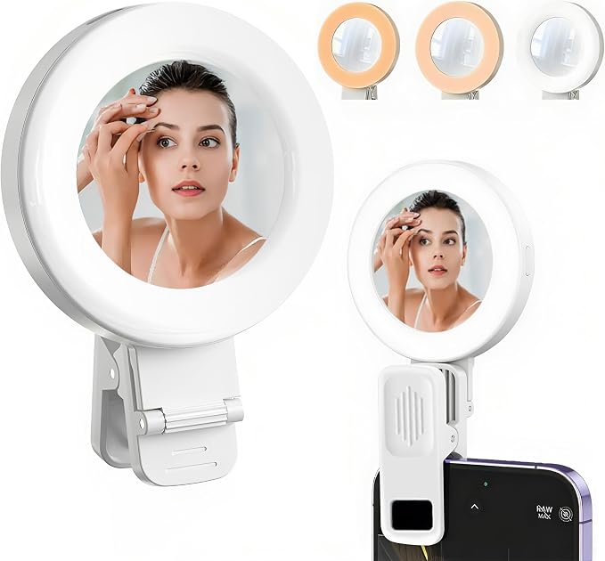 Phone Light, Clip-On Selfie Light with Mirror, Adjusted 3 Lighting Modes, 2 Level Light Brightness, Portable Ring Light for Makeup, Selfie, Video Conference, TikTok, Vlog by MZQZM