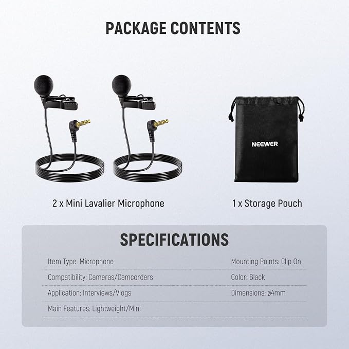 NEEWER LM8 ø4mm Mini Lavalier Microphone (2 Pack), Clip On Wired Condenser | Lapel Lav Mic Set, with 5ft/1.5m 3.5mm TRS Connector, Compatible with DJI Mic 2 Rode Wireless Go II CM28 CM31, and Camera - Image 9