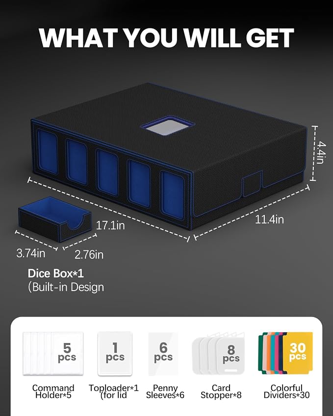 5 Row Trading Card Storage Box, Fit 4200+ Sleeveless Cards, Black & Blue | Large Capacity, Portable Handle, Include 30 Divider, 8 Supporters, 1 Dice Tray, Compatible for MTG/TCG/Magic Sports Cards - Image 6