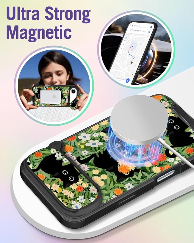 Buleens for iPhone 17 Air Case 6.5 Inch - with Ring Stand & Camera Cover Aesthetic Cute Designed for Women Girls Pretty Girly Cat Flowers Phone Case for iPhone 17 Air Compatible with Magsafe - Image 4