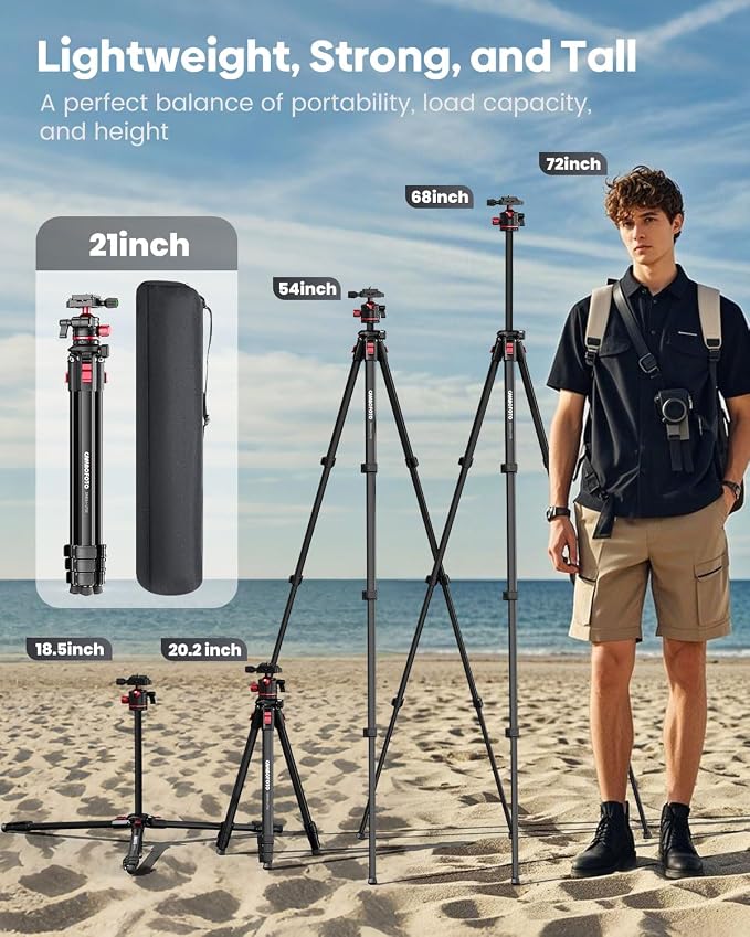 CAMBOFOTO 68" Travel Tripod for Camera Phone Camcorder, Ball Head, Aluminum | Portable Tripod Stand with Phone Holder & QR Plate, Compatible with iPhone Video Recording DSLR Mirrorless Film, Load 8.8lbs - Image 6
